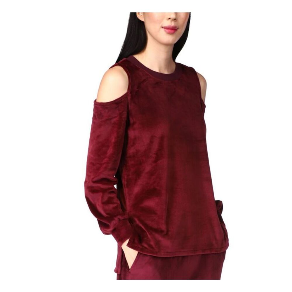 MICHAEL MICHAEL KORS Womens Burgundy Slitted Velour Long Sleeve Crew Neck Top M